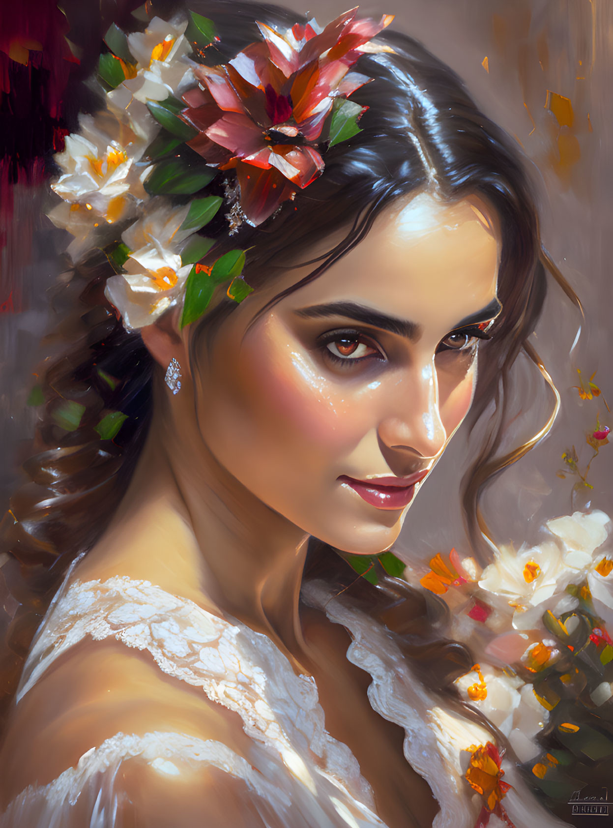 Portrait of Woman with Flowers in Hair and Enigmatic Gaze