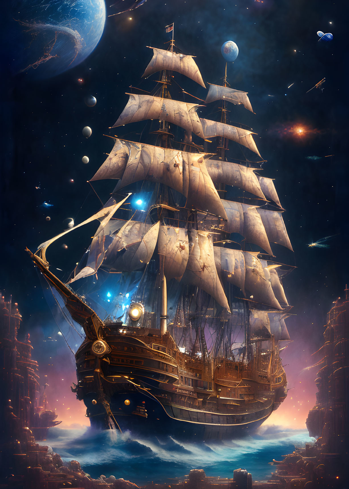 Ancient sailing ship in starry sky with planets and futuristic towers