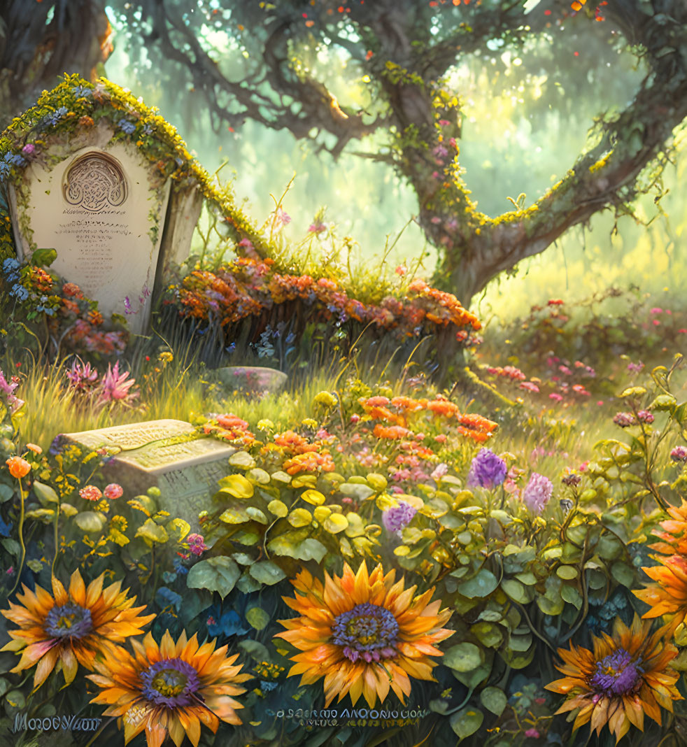 Enchanting forest glade with vibrant flowers and mystical trees over magical storybook page