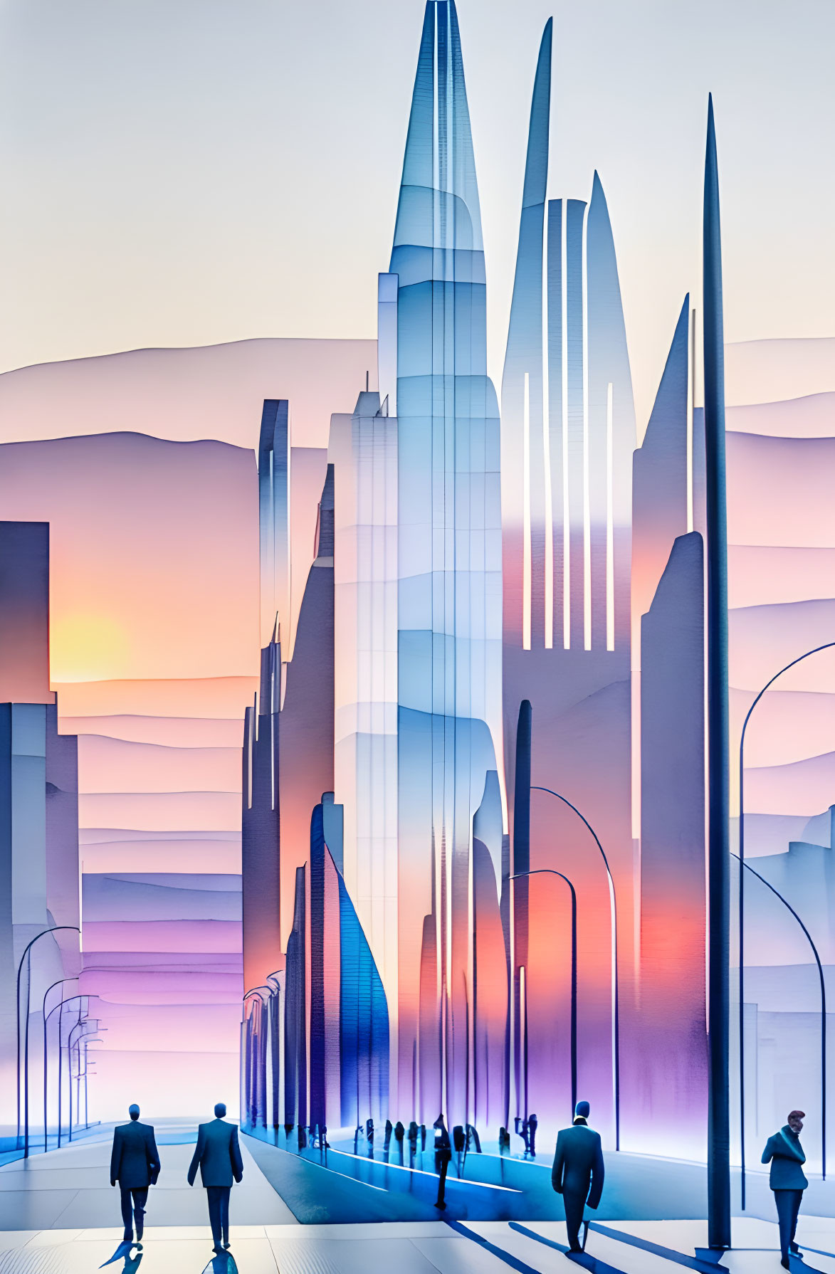 Futuristic cityscape with glowing skyscrapers and pedestrians at sunset