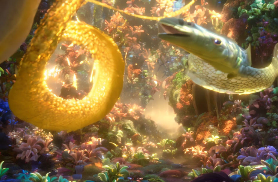 Colorful Coral Reef with Animated Eel in Glowing Underwater Scene