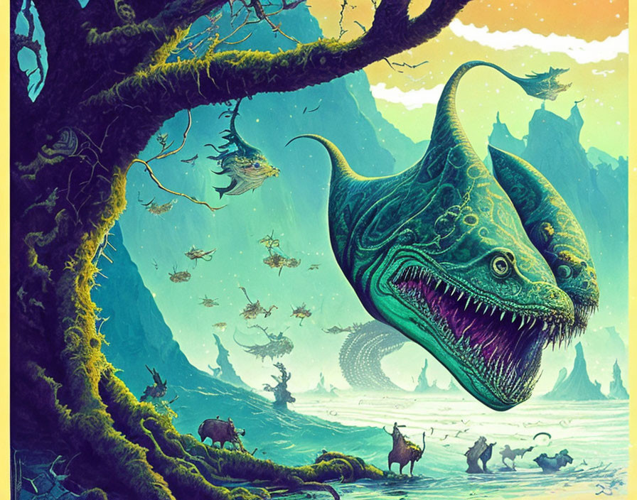 Colorful illustration of giant whale-like sea creature in sky above lush landscape