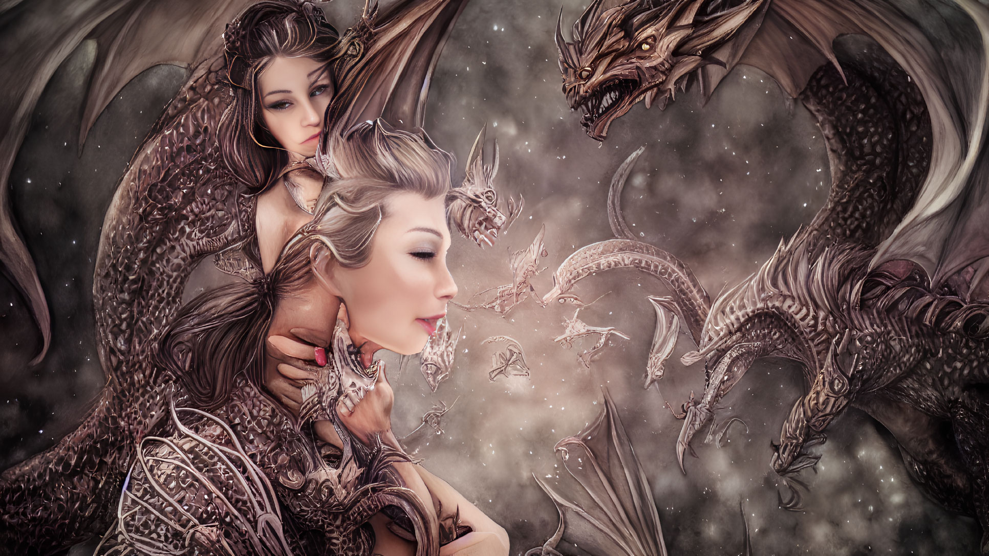 Fantasy women with dragon-like features in mystical setting