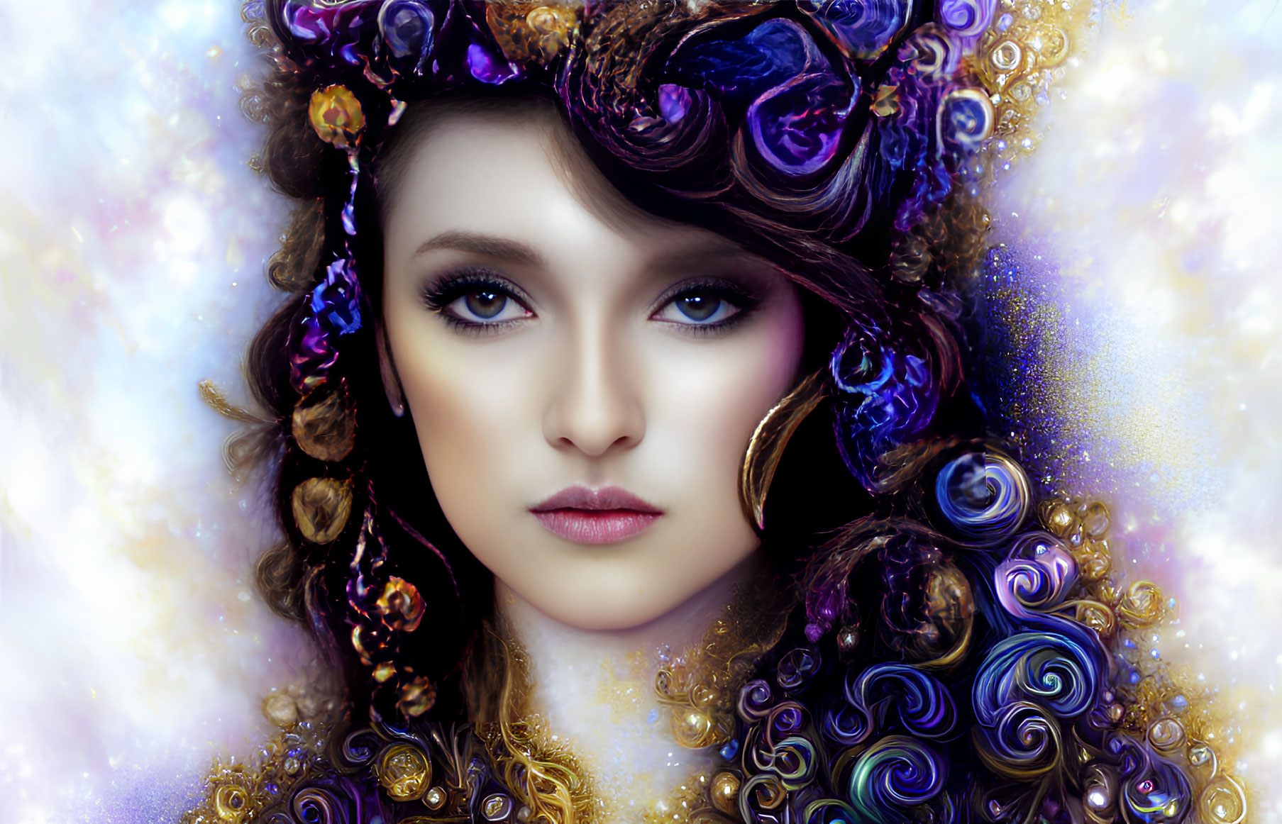 Digital artwork: Woman with jewel-toned hair and floral adornments in pastel nebula setting