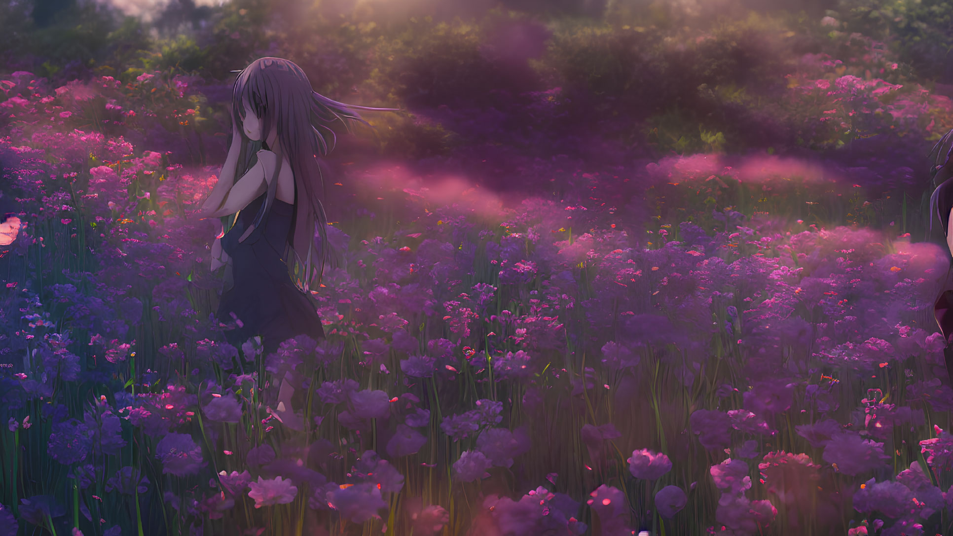 Long-haired anime girl in vibrant purple flower field at sunset