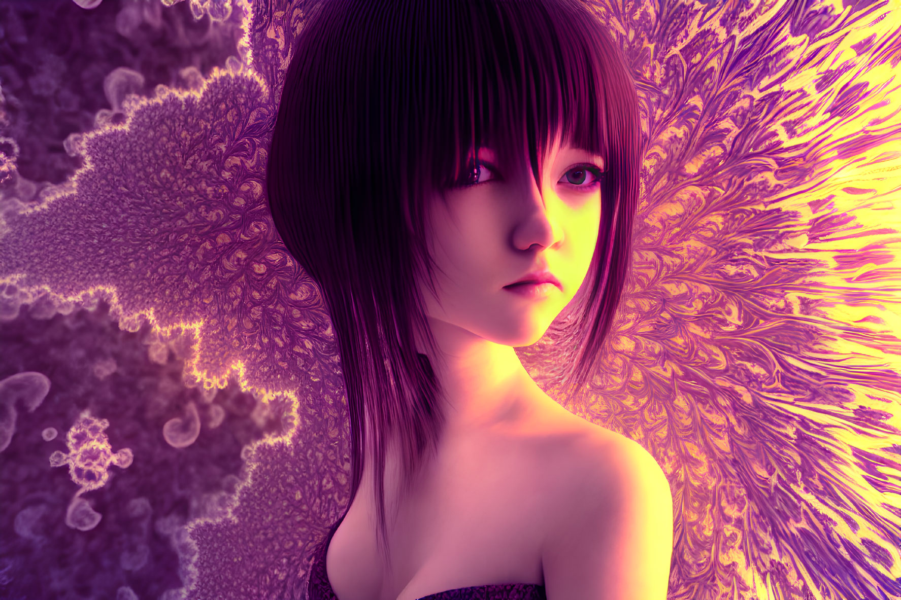 Female figure with short black hair on purple and orange fractal backdrop