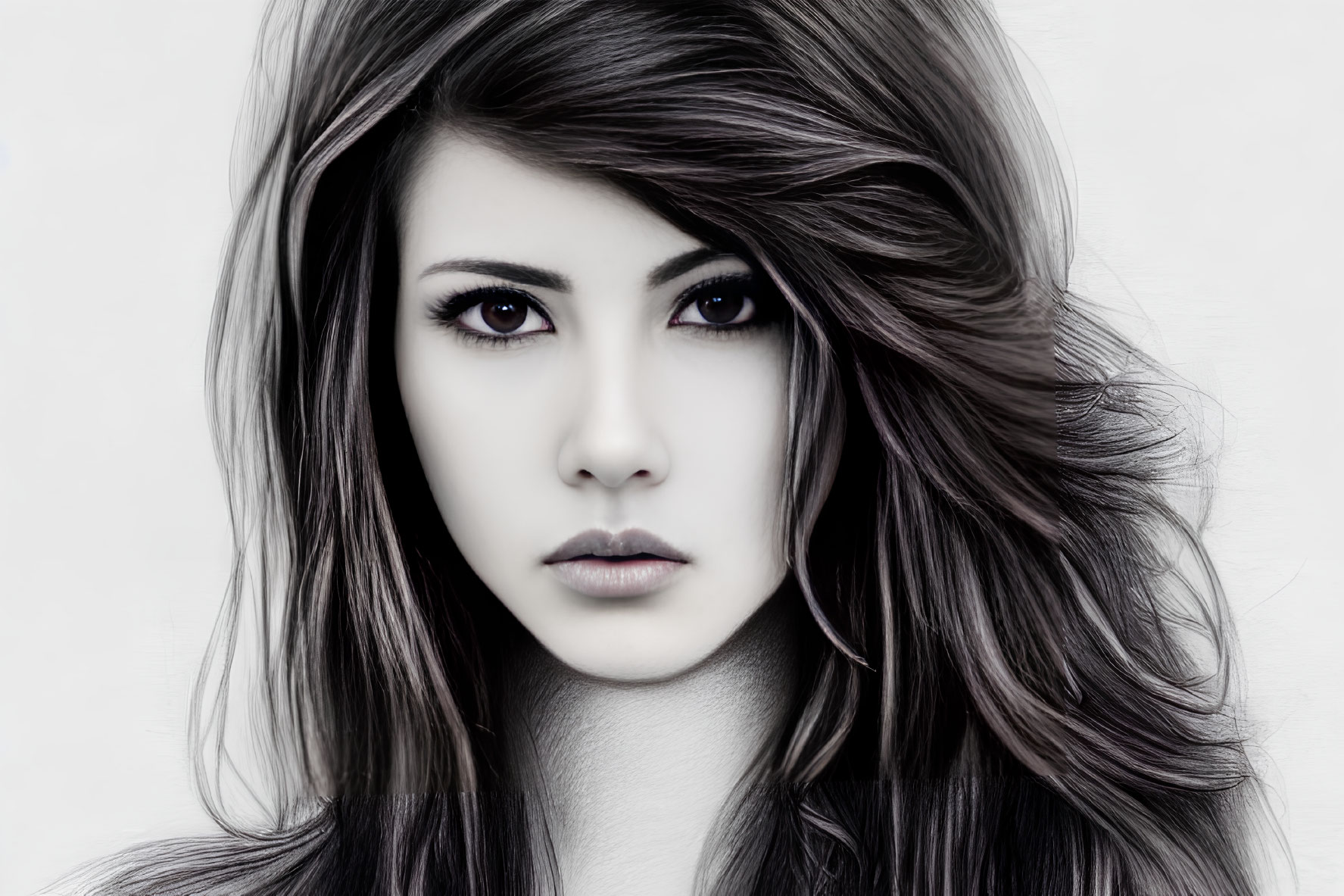 Monochrome digital portrait of young woman with voluminous wavy hair