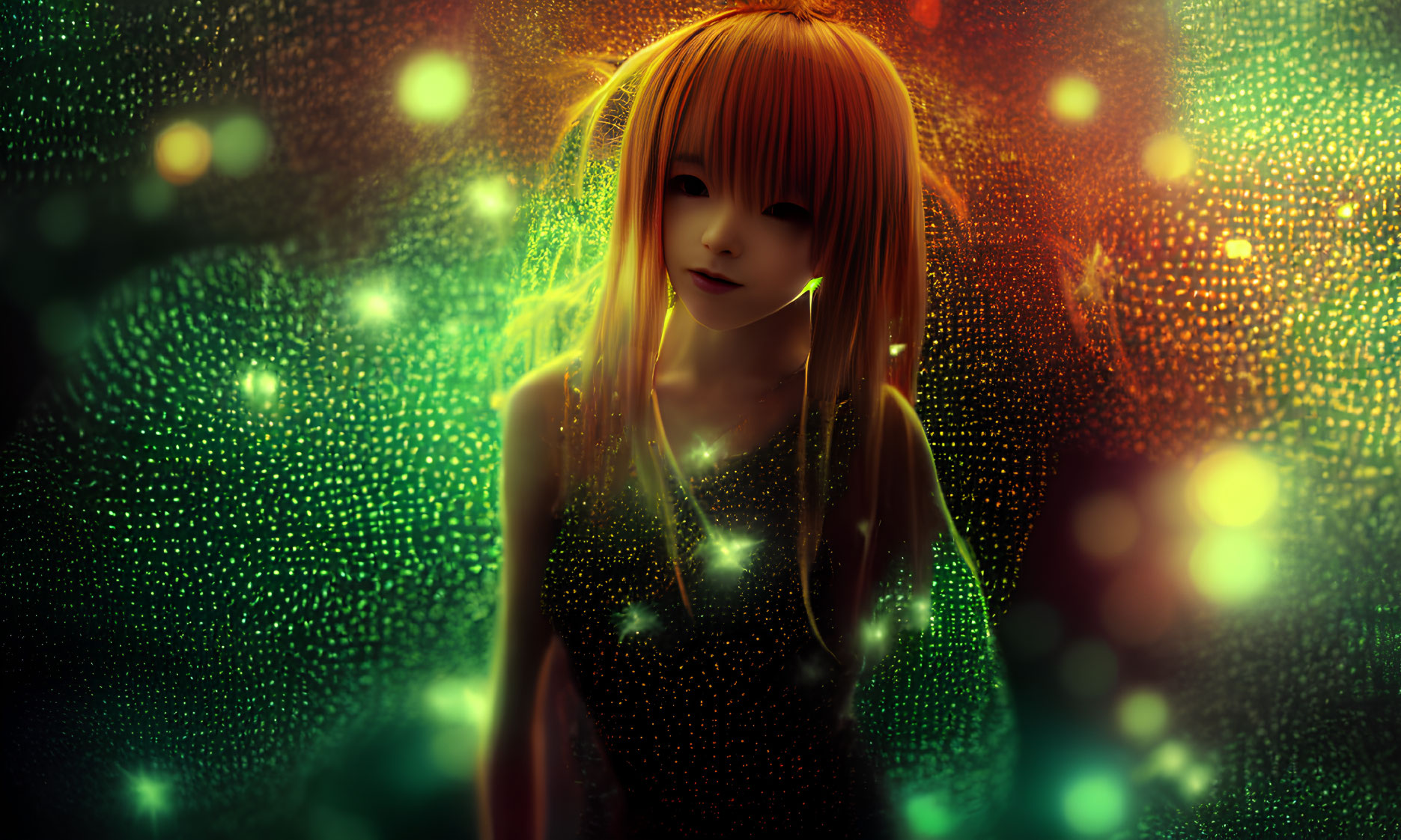 Blonde girl with bangs in green light bokeh