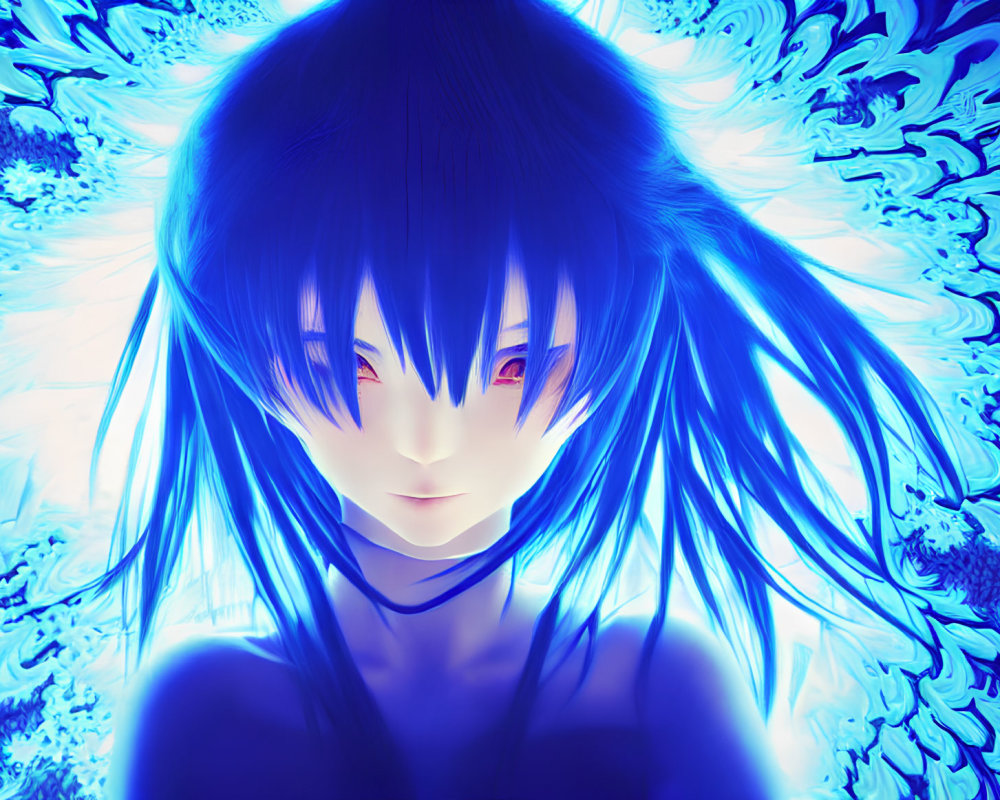 Illustration of character with blue hair and red eyes in glowing blue patterns