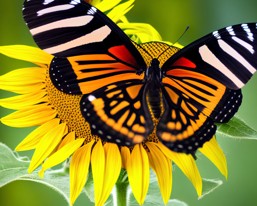 Colorful Butterfly on Yellow Sunflower with Green Background