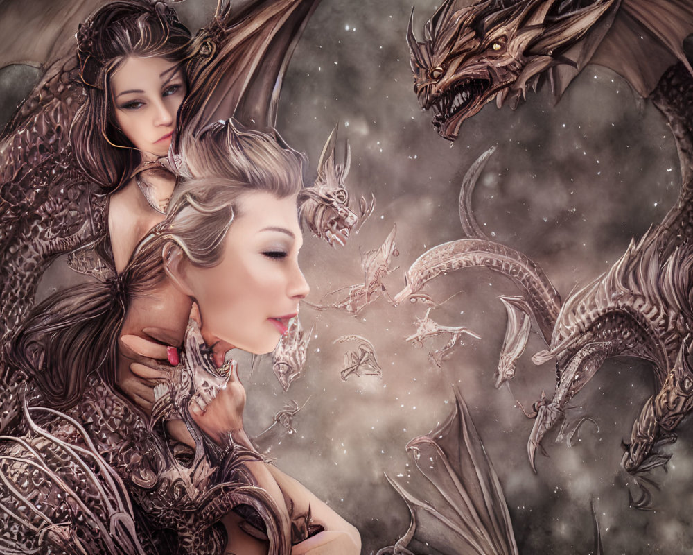 Fantasy women with dragon-like features in mystical setting