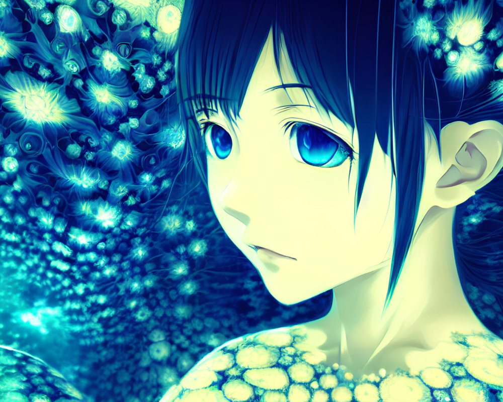 Blue-eyed anime girl with dark hair in fantasy setting with glowing blue flowers.