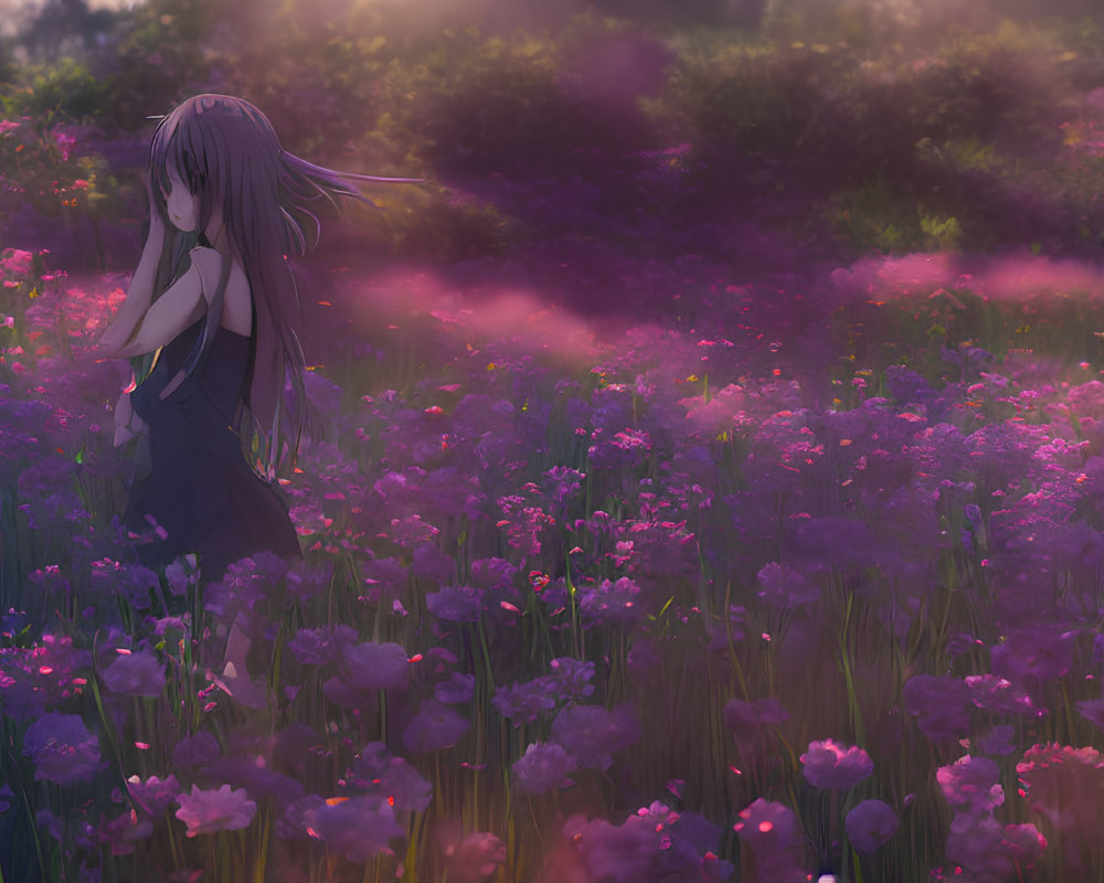 Long-haired anime girl in vibrant purple flower field at sunset