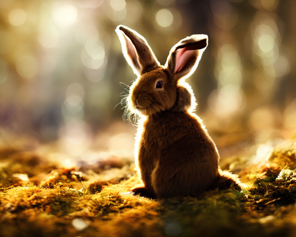 Brown Rabbit Sitting in Forest Sunlight with Bokeh Background