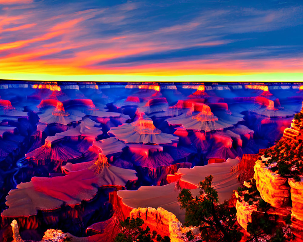 Stunning Orange and Blue Sunset Over Grand Canyon Rock Formations