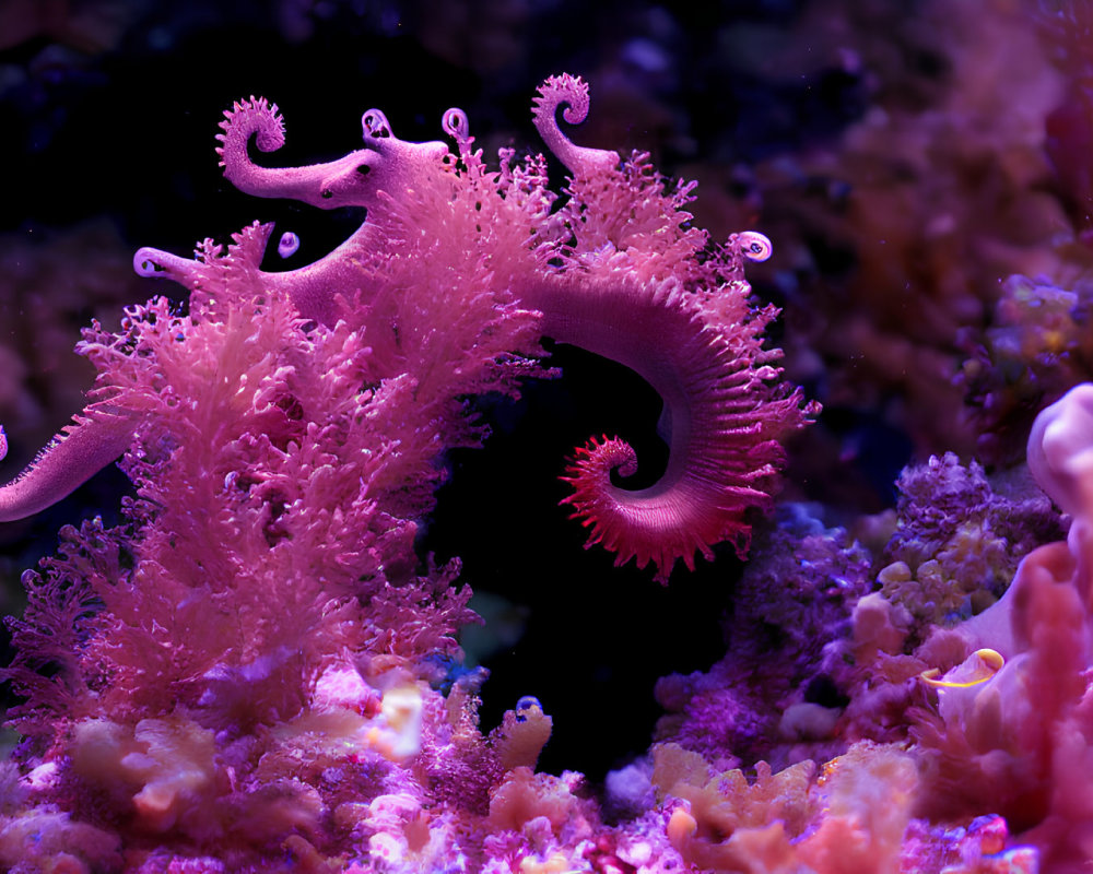 Pink seahorse camouflaged in purple underwater scene