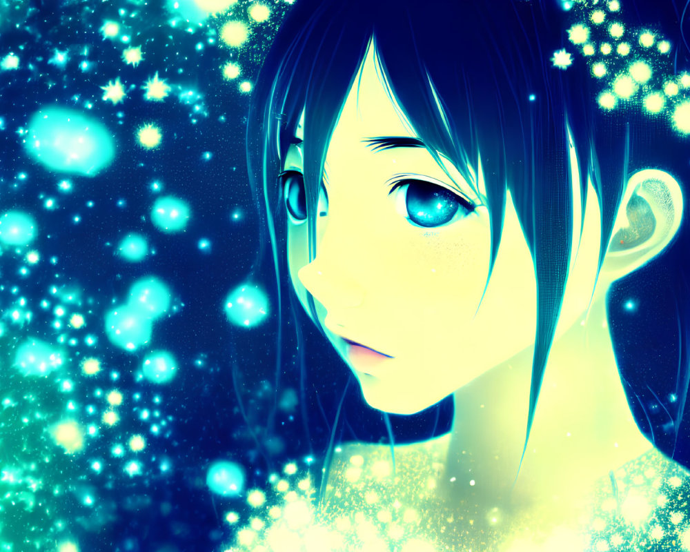 Illustration of girl with blue eyes and dark hair in cosmic setting