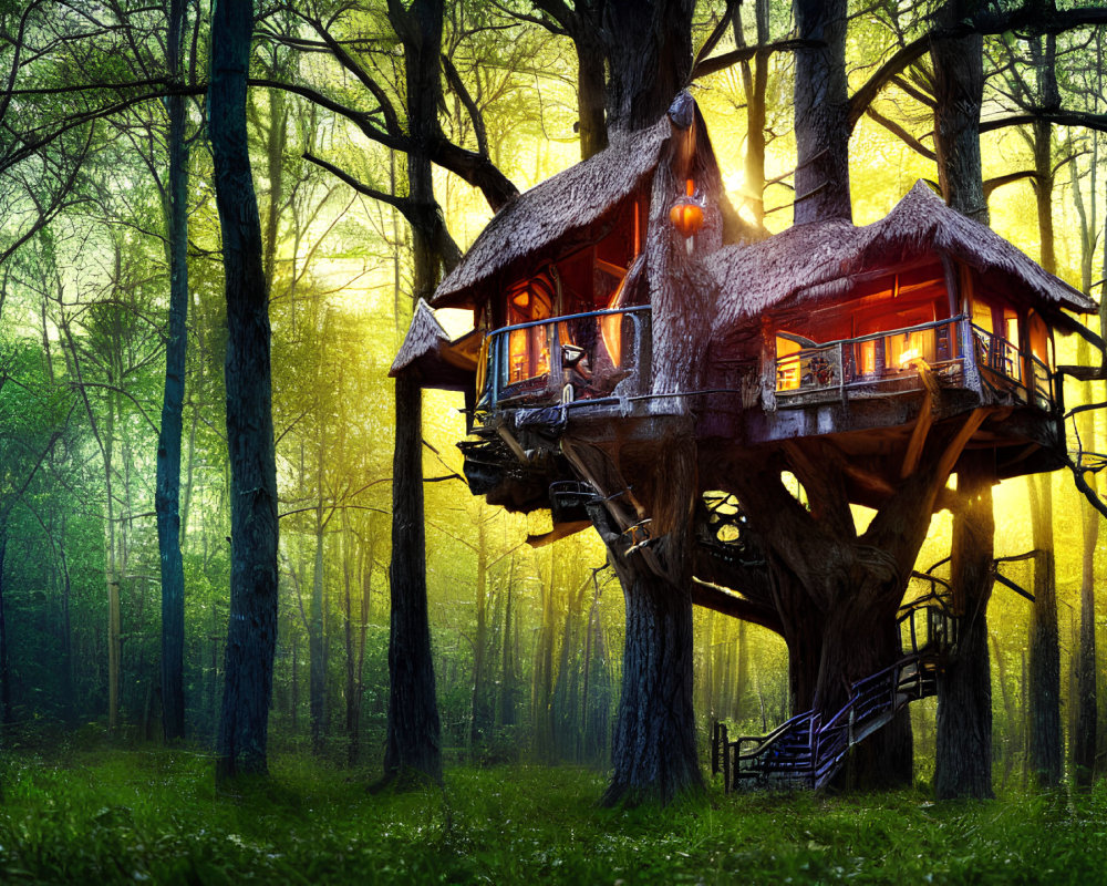 Cozy treehouse with thatched roof in forest setting