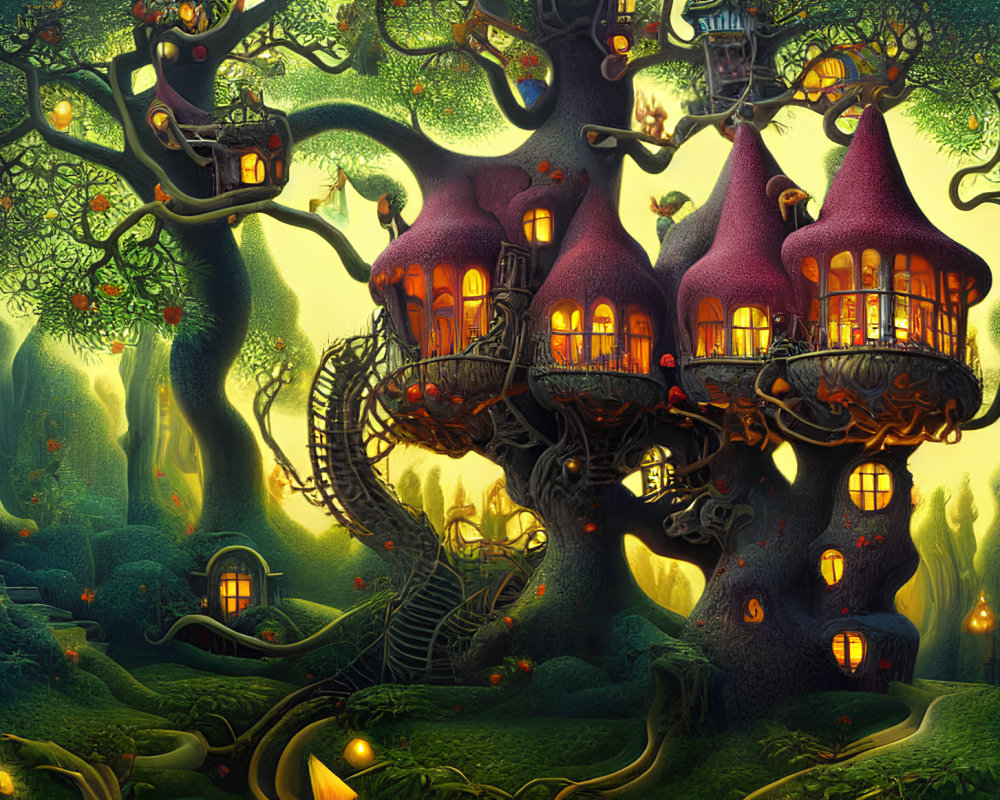 Enchanted forest with fantasy tree houses and glowing windows