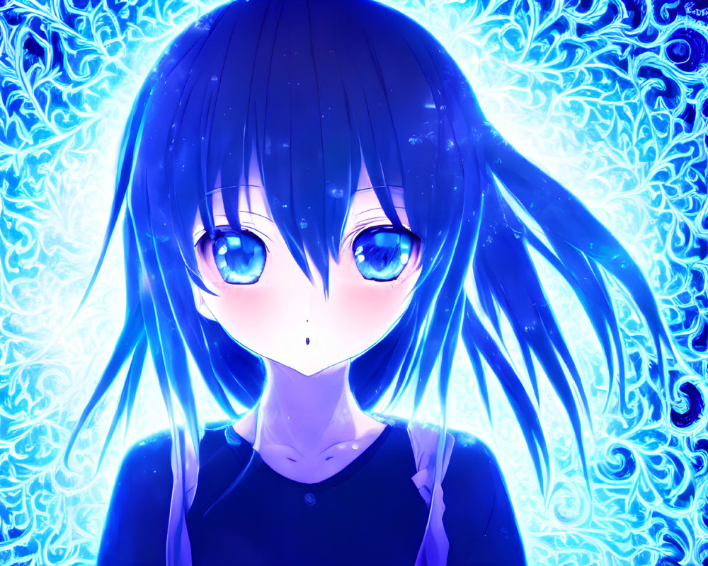 Anime-style girl with blue eyes and black hair on blue ornate background