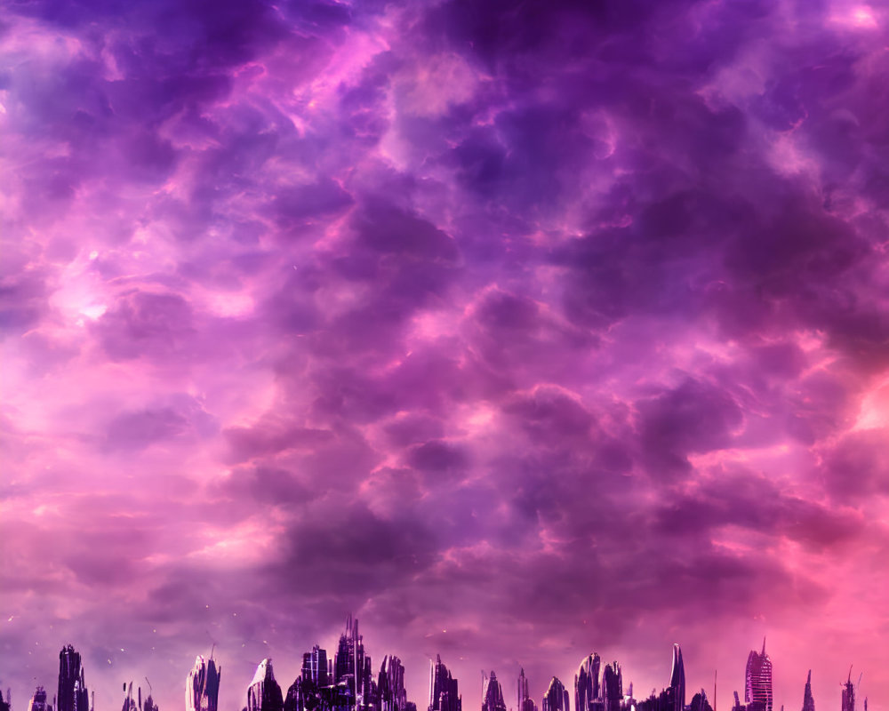 Abstract purple-hued skyline under dynamic sky with futuristic city vibes