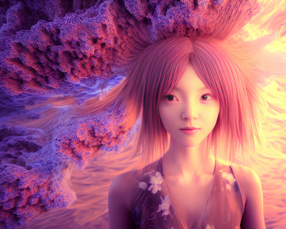 Vibrant digital artwork: Female figure with pink hair on purple and orange fractal backdrop