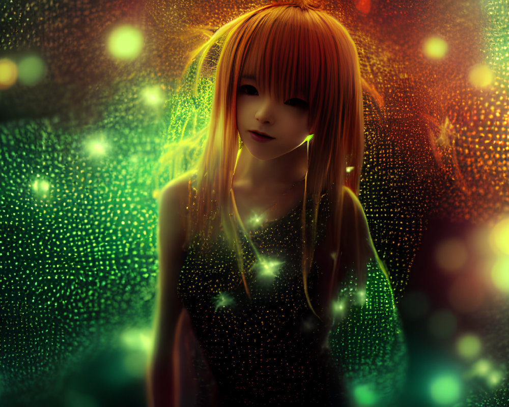 Blonde girl with bangs in green light bokeh