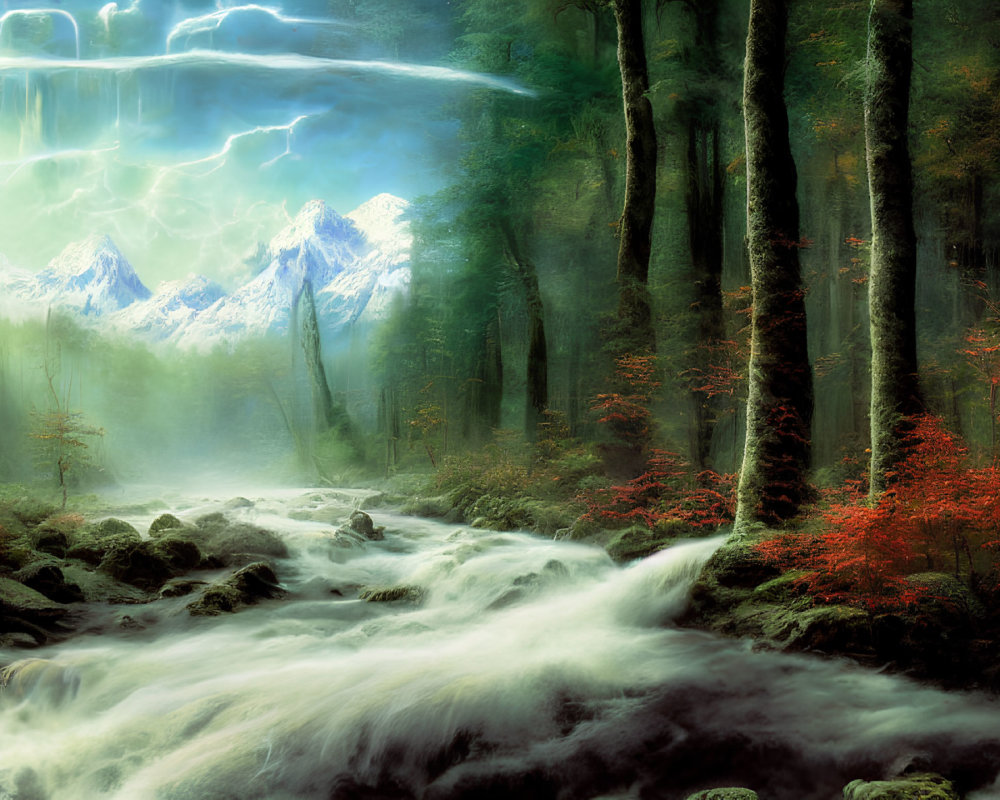 Mystical forest with rushing river, red trees, snowy mountains, stormy sky