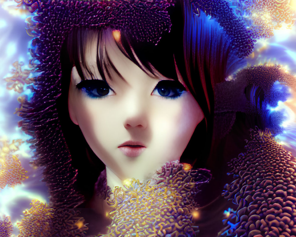 Anime-style portrait of a girl with blue eyes in a digital art piece with vivid blue and golden fract