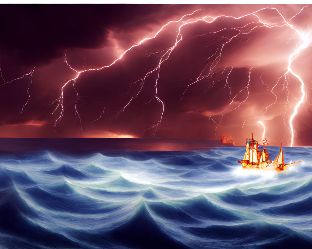 Stormy seascape with ship in thunderstorm.