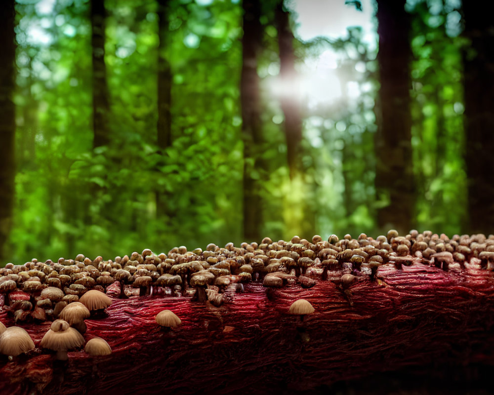 Lush Forest Scene with Sunlight and Mushrooms