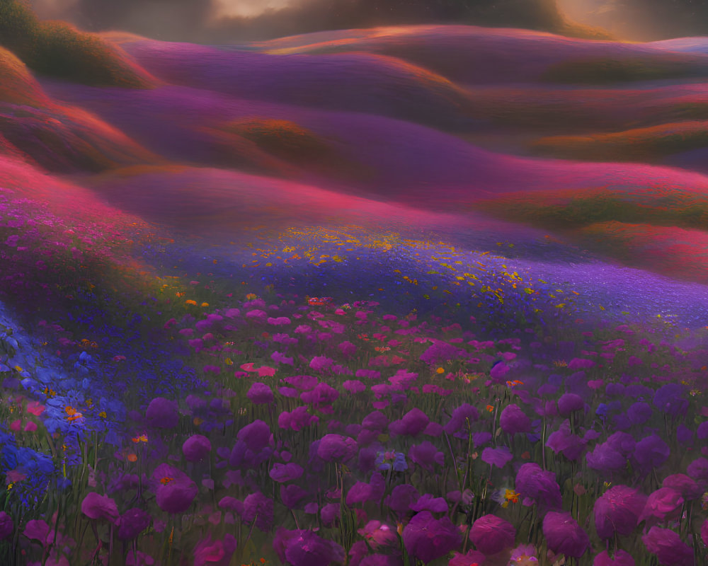 Colorful rolling hills with vibrant flowers under a warm glowing sky