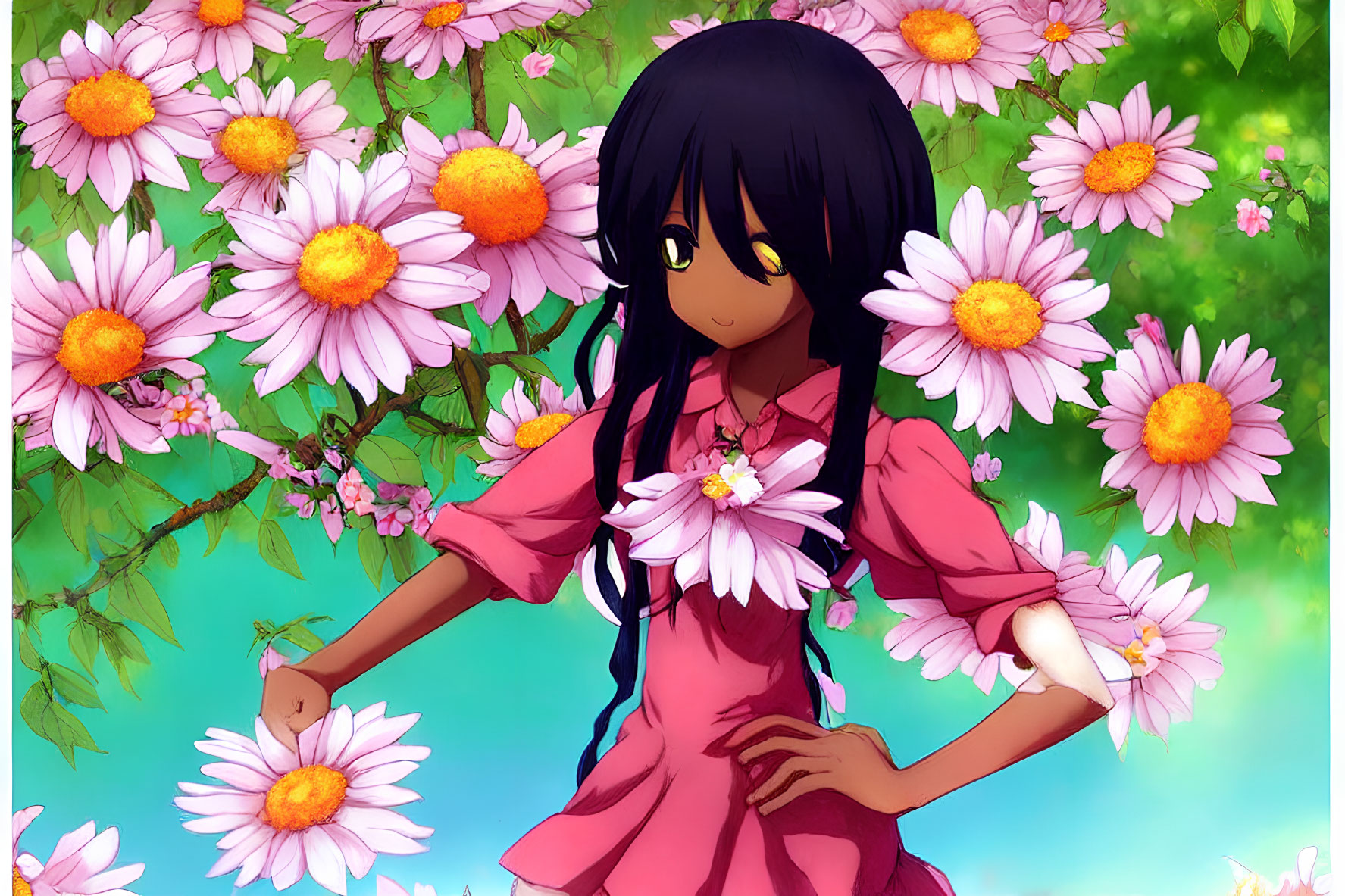 Dark-Haired Girl in Pink Dress Surrounded by White Daisies on Green Background