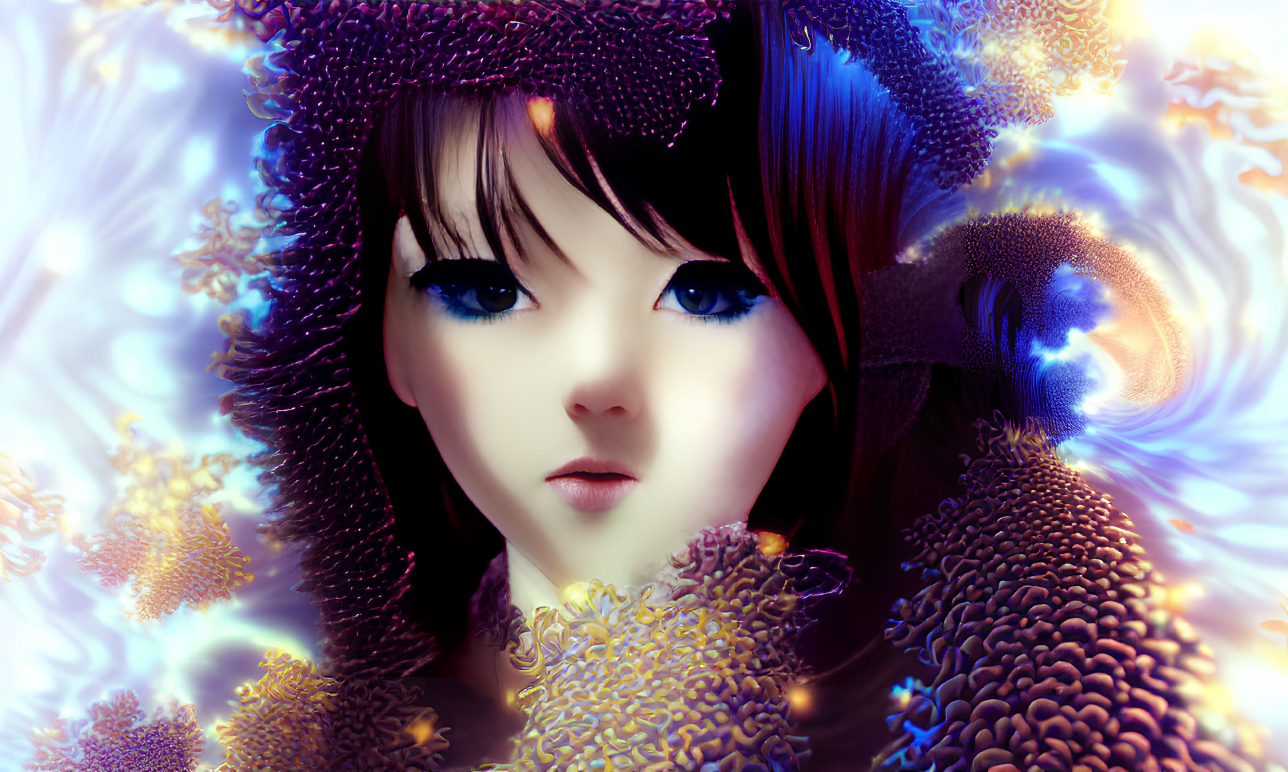 Anime-style portrait of a girl with blue eyes in a digital art piece with vivid blue and golden fract