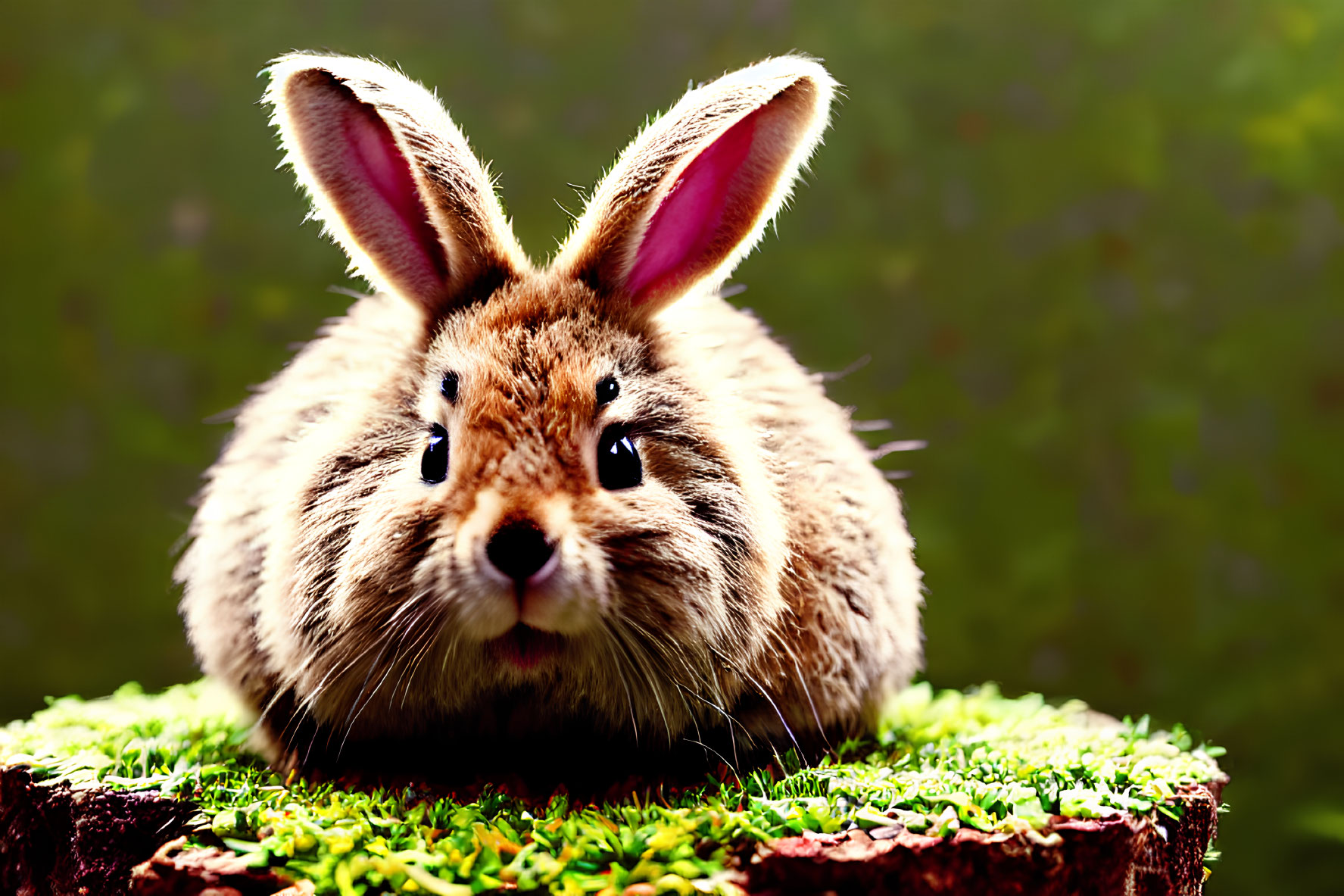 Fluffy rabbit with pink ears on mossy stump in green setting