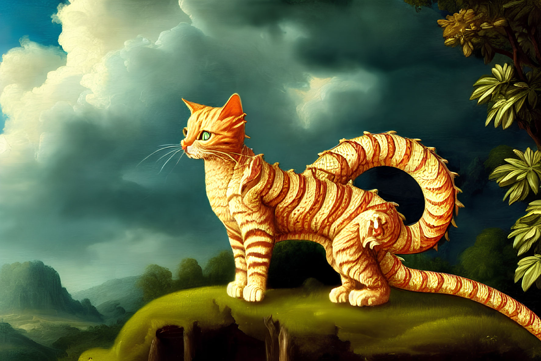 Striped orange cat digital painting on grassy knoll under dramatic sky