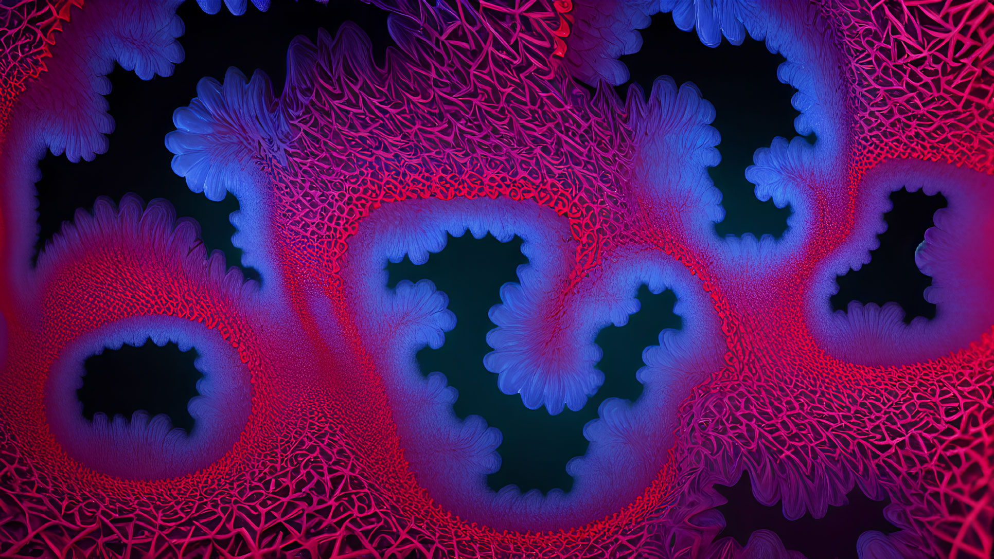 Vibrant Red and Blue Fractal Art Resembling Coral and Sea Life