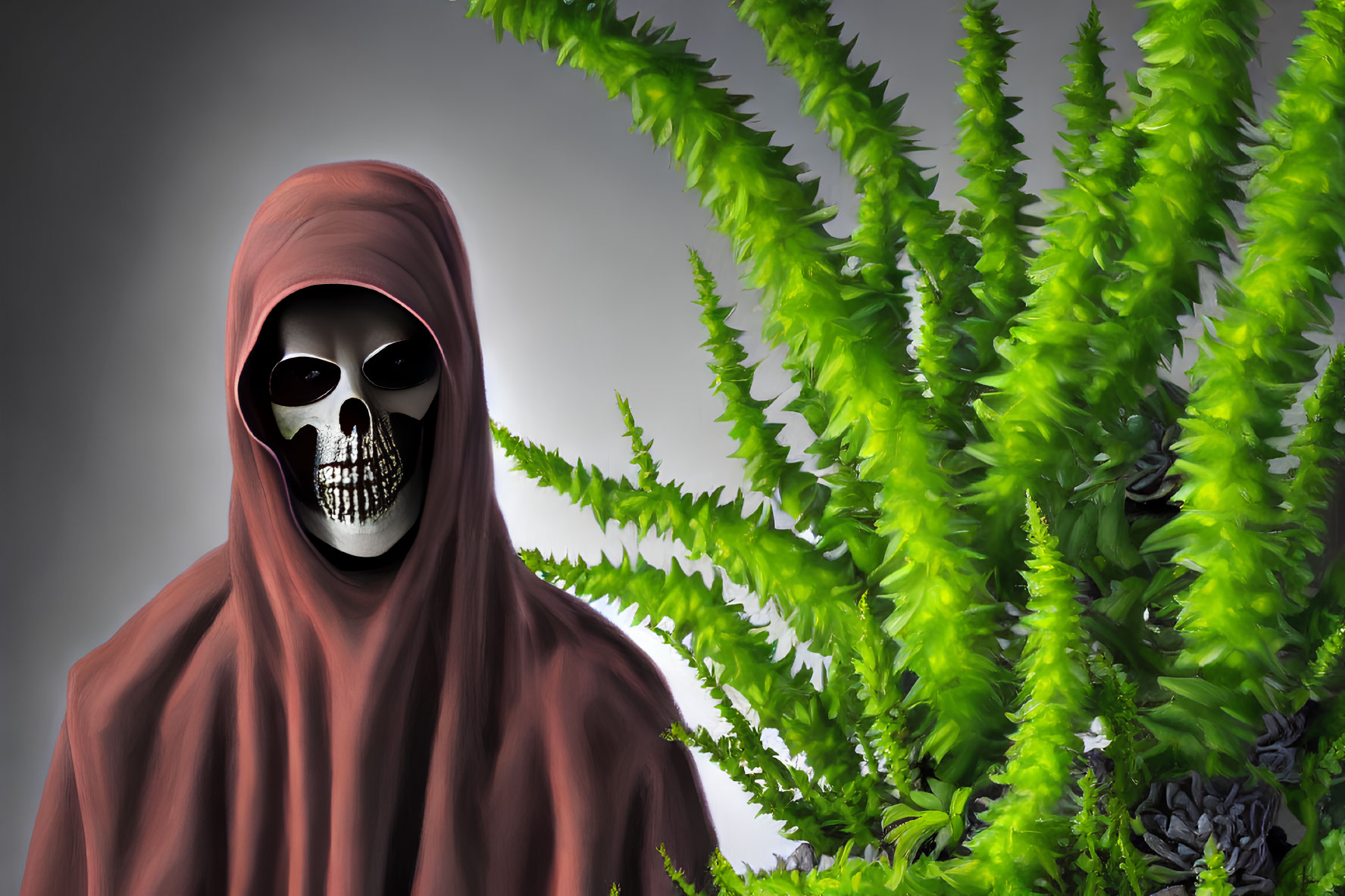 Person in skull mask standing by green ferns on grey background