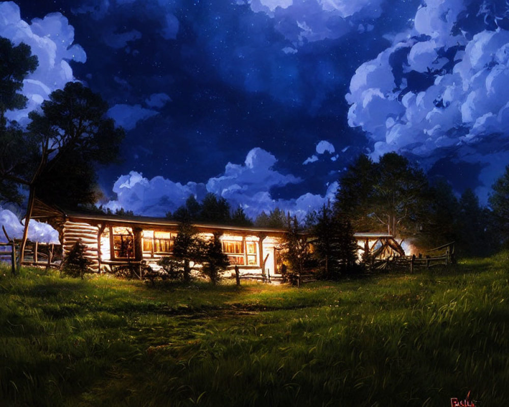 Rustic log cabin in forest clearing under starry night sky