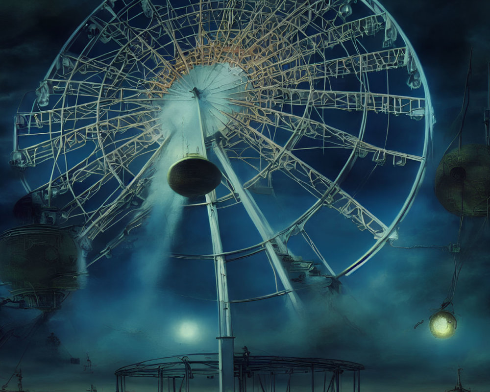 Abandoned ferris wheel under dark, cloudy sky