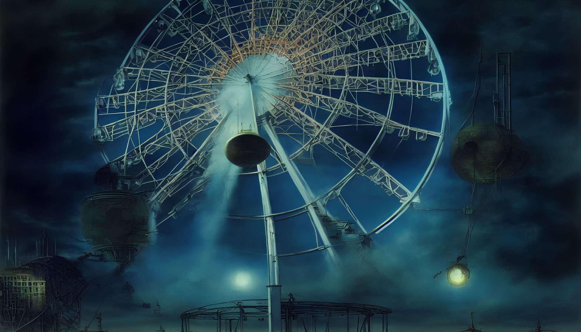 Abandoned ferris wheel under dark, cloudy sky