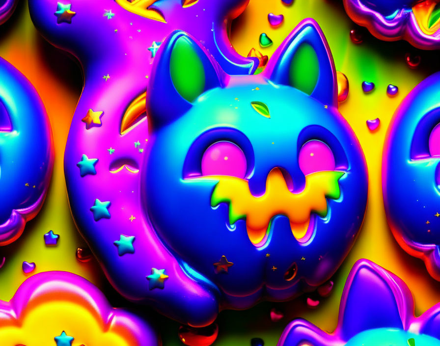 Colorful Stylized Cat Face Illustration with Neon Hues and Liquid Textures