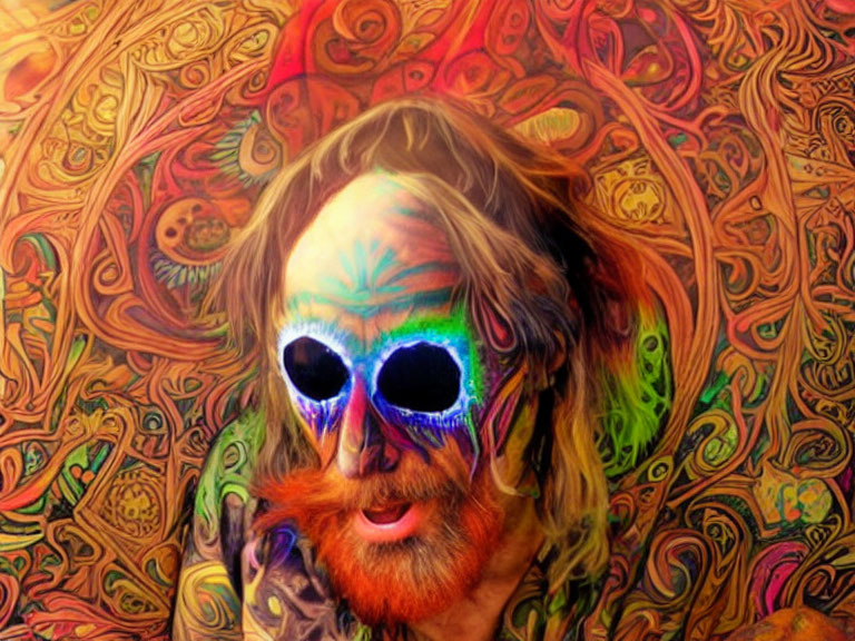 Colorful swirling patterns surround person in sunglasses