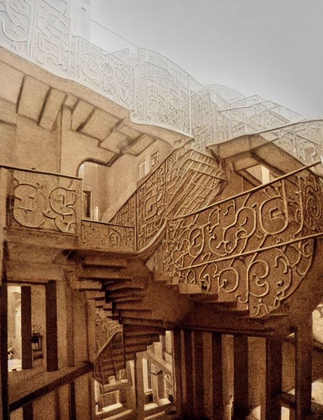 Sepia-Toned Intricate Architectural Drawing with Impossible Stairs