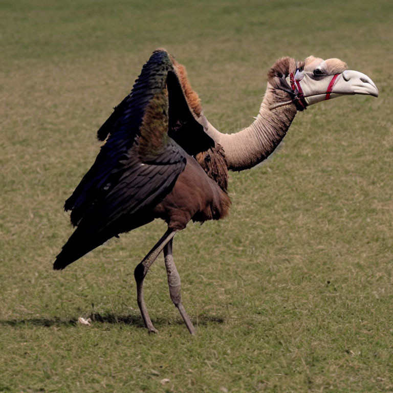 Vulture with outstretched wings in grass field with tracking device on beak