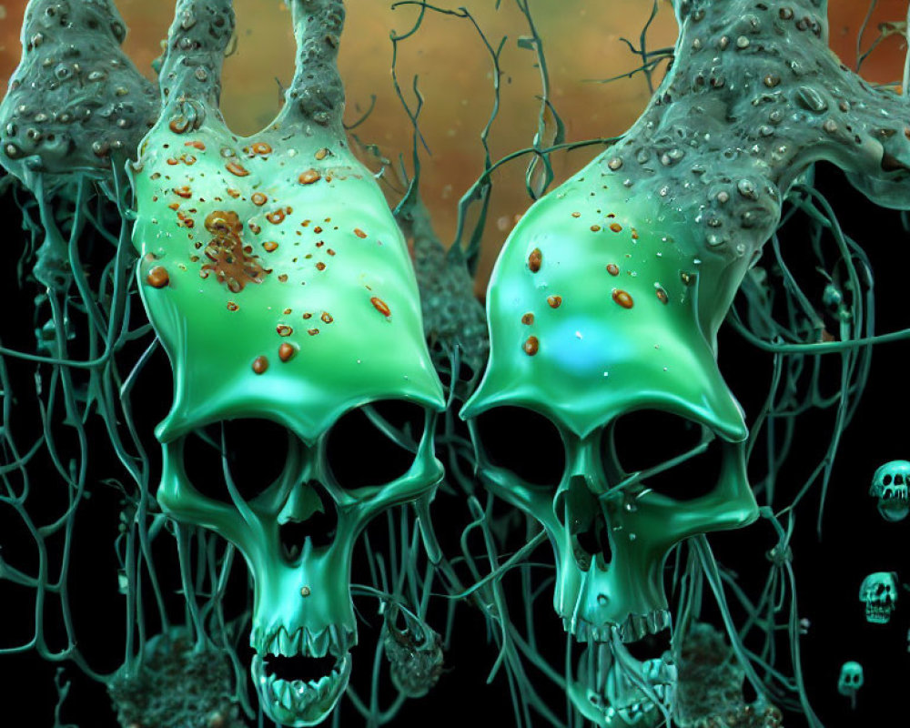 Neon green skulls dripping viscous substance in dark tendrils