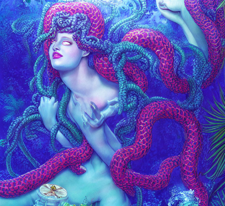 Vivid underwater scene with red-haired mermaid and octopus features