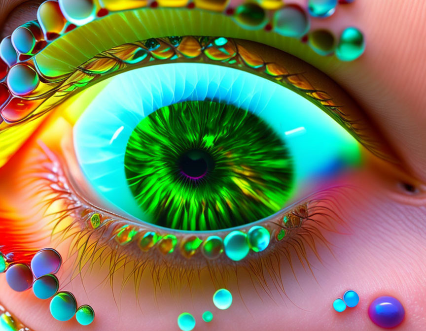 Detailed Close-Up: Human Eye with Green Iris and Rainbow Droplets