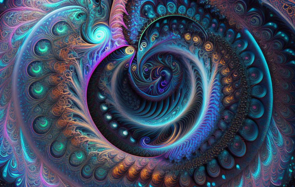 Colorful fractal art: hypnotic spiral pattern with peacock feather-like details