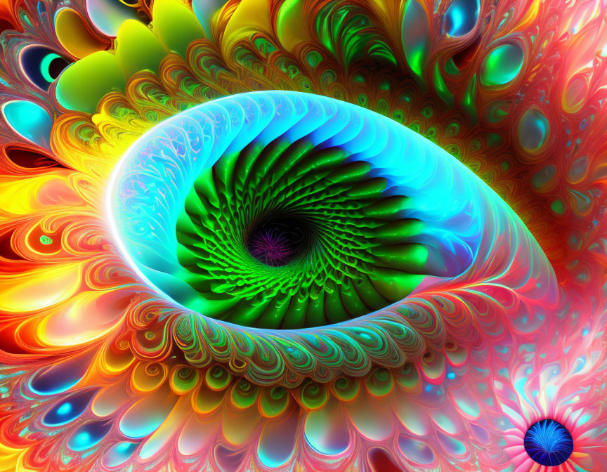 Vivid swirling eye-like fractal with colorful spectrum